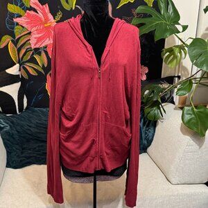 BCBG Max Azria Hooded Zippered Cardigan Knit Sweater, Rayon Blend, Cranberry, XL